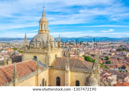  Aerial view of Gothic cathedral at Segovia, Spain
