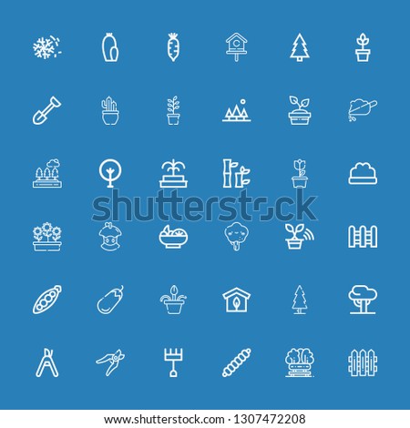 Editable 36 garden icons for web and mobile. Set of garden included icons line Fences, Bench, Caterpillar, Rake, Shears, Pruning shears, Tree, Greenhouse, Flower pot on blue background