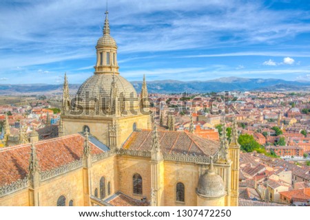  Aerial view of Gothic cathedral at Segovia, Spain
