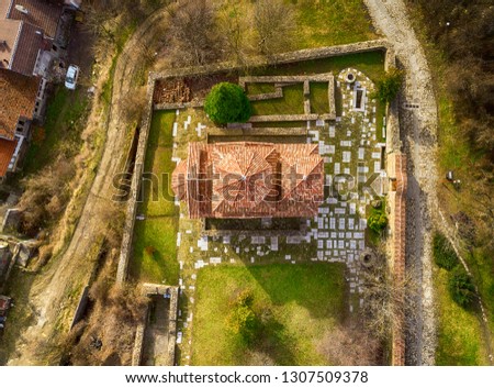 Aerial view of Church of Dmitry Solunsky - famous landmark of Veliko Tarnovo, old capital of Bulgaria. Photo was taken at sunny spring day. - Image