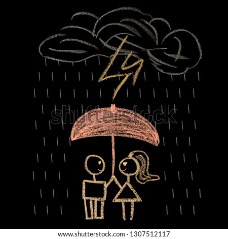 Chalk drawing on the board. Couple in love under an umbrella in the rain. Valentine's day greeting card or just a romantic greeting card, banner, design for lovers on isolated black background.