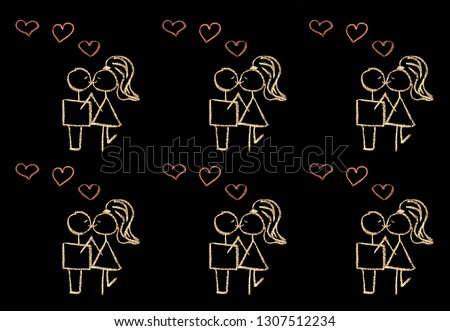 Couples in love painted in chalk on the Board. Background or texture on black background for your design.