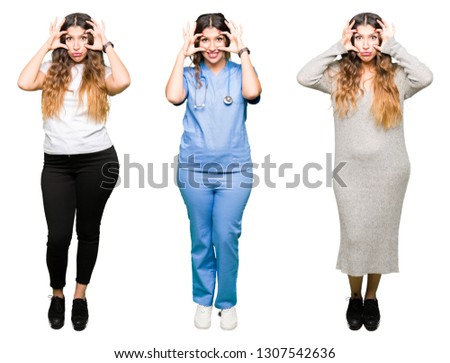 Collage of beautiful young woman over white isolated background Trying to open eyes with fingers, sleepy and tired for morning fatigue
