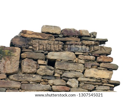old ancient ruined stonework wall of brown and beige bricks and stone blocks foreground closeup isolated on white background Royalty-Free Stock Photo #1307545021