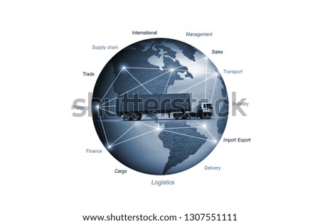 Abstract image of the world logistics, there are world map background and container truck