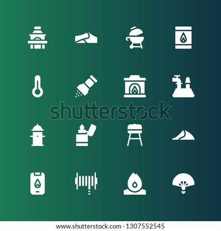 heat icon set. Collection of 16 filled heat icons included Fan, Fire, Hose, Dune, Barbecue, Lighter, Hydrant, Fireplace, Pepper, Thermometer, Matches, Grill, Dunes