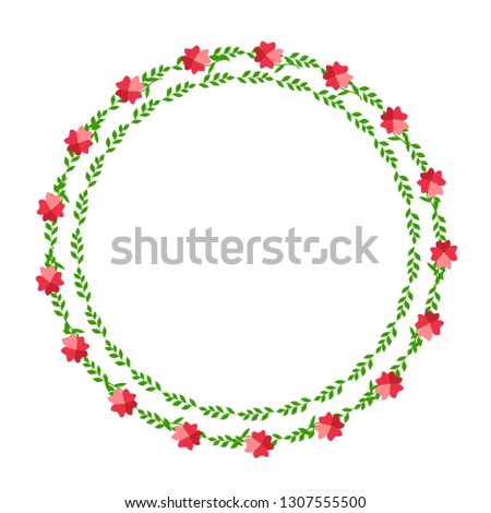 Delicate spring wreath with pink flowers and green leaves. Postcard for the holiday, wedding, March 8. Vector
