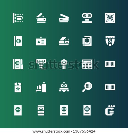 identification icon set. Collection of 25 filled identification icons included Vise, Passport, Fingerprint scan, Barcode, Badge, Scanner, Vip pass, Keypad, ID, Scan