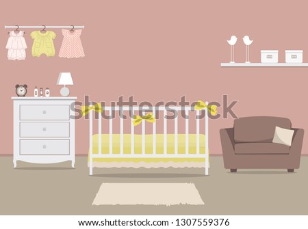 Kid's room for a newborn baby. Interior bedroom for a baby girl in a pink color. There is a cot, dresser, armchair, baby clothes and other things in the picture. Vector illustration