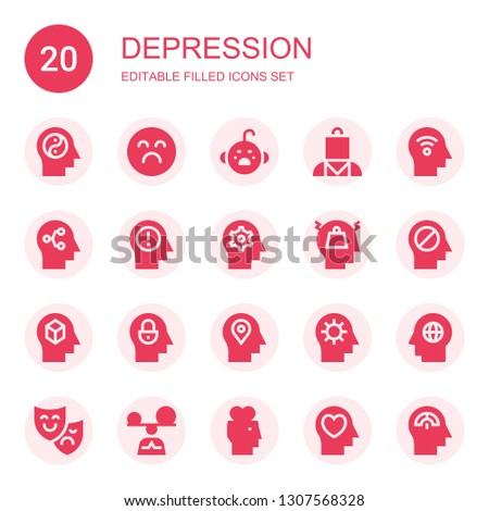depression icon set. Collection of 20 filled depression icons included Mind, Sad, Cry, Psychologist, Stress, Theatre mask, Mindfulness