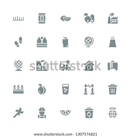 ecology icon set. Collection of 25 filled ecology icons included Planet earth, Recycle, Lemon, Electrician, Windmill, Trash, Electricity, Fresh, Flowers, Water tank, Eco house