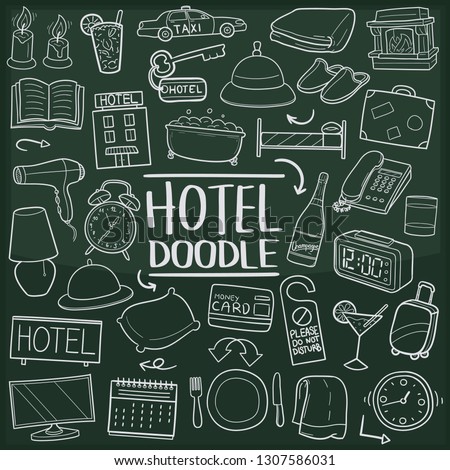 Tourist in Hotel Vacations. Chalkboard Doodle Icons. Sketch Hand Made Design Vector Art.