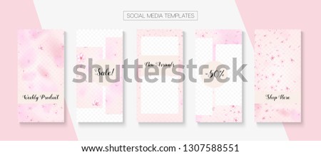 Mothers Day Spring Sale Vector Stories Layout. Pink Cherry Petals Flying Confetti. Special Offer New Arrivals, Discount Covers Set. Social Media Stories Templates. Mothers Day Big Spring Sale