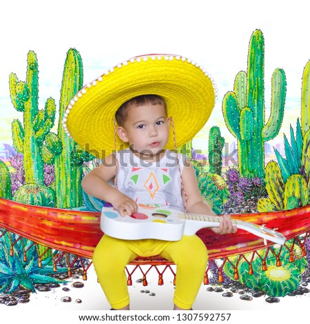 Little boy with yellow sombrero sitting in the hammock and playing his guitar or ukulele