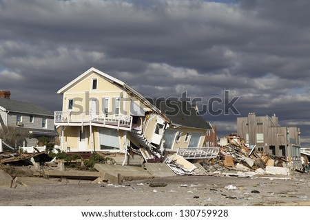 FAR ROCKAWAY, NY - NOVEMBER 4: Destroyed beach house in the aftermath of Hurricane Sandy on November 4, 2012 in Far Rockaway, NY Royalty-Free Stock Photo #130759928