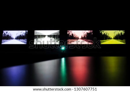 Screens in a row. Concept of new digital technologies and entertainment
