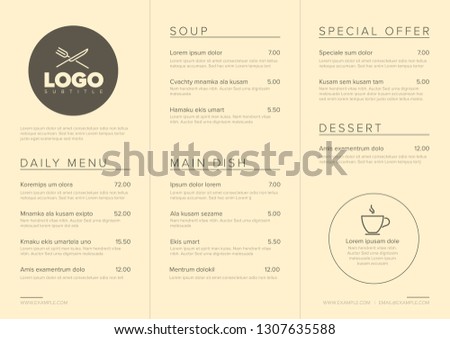 Modern light brown minimalistic restaurant menu template with three columns design layout and nice typography