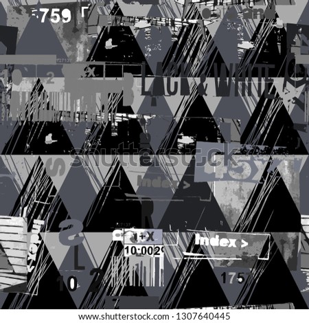 Ornament collage from triangles, free lines with font and graphic symbols in black, white and grey colors seamless pattern on light gray background.