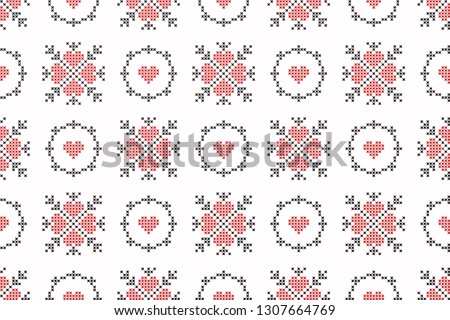 Valentine Day cross stitch hearts motif. Allover ornamental vector pattern for fabric, apparel textile, interior design, linen napkin, kitchen tablecloth. Vintage British ornament in white, black, red