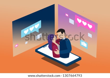 virtual relationships, online dating and social networking  concept,for mobile app business  love, - teenagers chatting on the Internet. Vector 3d isometric illustration.
