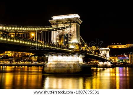 The Chain Bridge (Szechenyi Lanchid) at night Budapest. Budapest, Hungary. Royalty-Free Stock Photo #1307695531