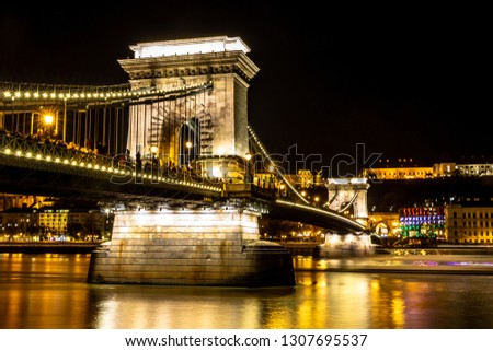 The Chain Bridge (Szechenyi Lanchid) at night Budapest. Budapest, Hungary. Royalty-Free Stock Photo #1307695537