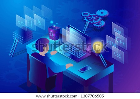 3d isometric digital design programing software and website coding. Man on the computer working at creating new program.