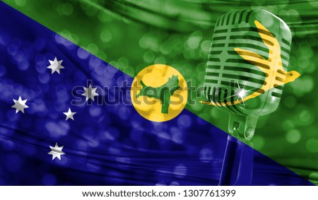 Microphone on a background of a blurry Christmas Island flag close-up