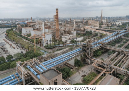 aerial view of industrial buildings in abandoned industrial site