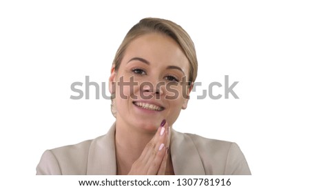 Portrait of happy woman with beaming smile talking to camera, white background