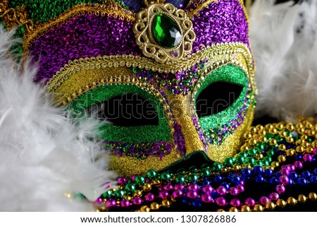 Close up view of a jester mask with a white boa and color coordinating beads.  Conceptual for Mardi Gras, carnival, or festival.