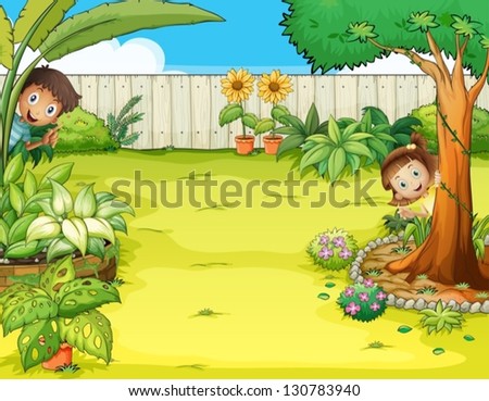 Illustration of a boy and a girl hiding in the garden