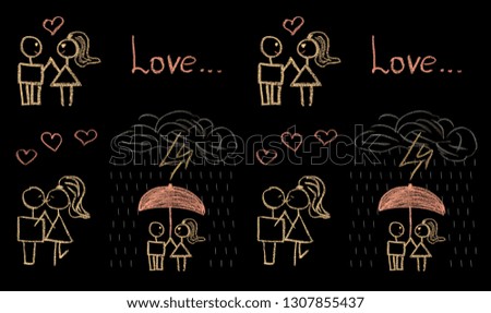 Couples in love drawn in chalk on a blackboard. The texture for your design is about love, relationship and romance on a black background.