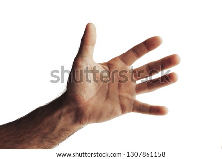 Male hand shows open palm. Isolated on white background.