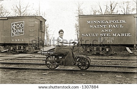 Vintage photo of a Railroad Woman On Handcart