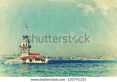 Vintage view of Maiden's Tower in Istanbul, Turkey. Retro style photo.