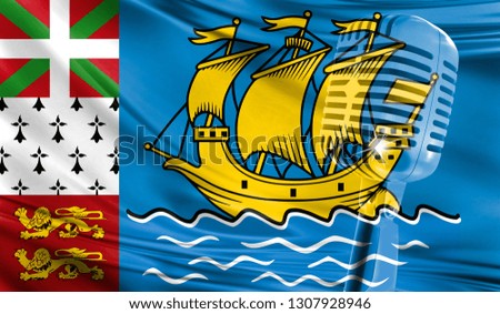 Microphone on fabric background of flag of Saint Pierre and Miquelon close-up