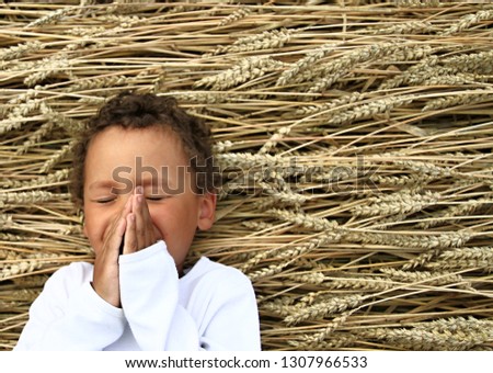 praying boy with hands held together stock image and stock photo