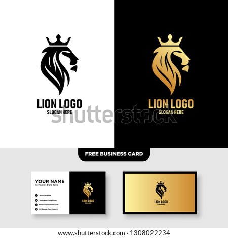 Lion King Logo with Crown Element Vector Template, Free Business Card Mockup