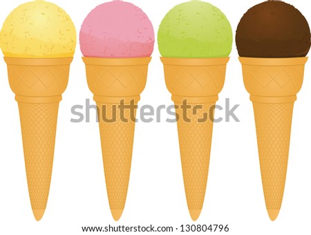 Ice Cream Cones Set with Vanilla, Strawberry, Pistachio and Chocolate Ice Cream