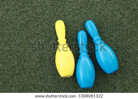 plastic color bowling pin on green grass mattress.