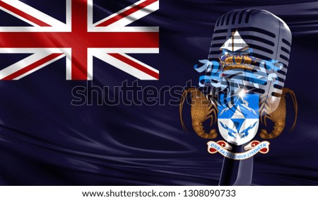 Microphone on fabric background of flag of Tristan da Cunha close-up