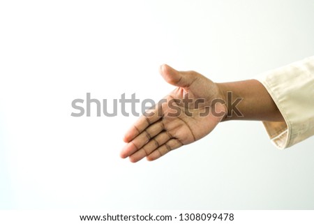 Hand brown skin making the hand shaking sign on white background