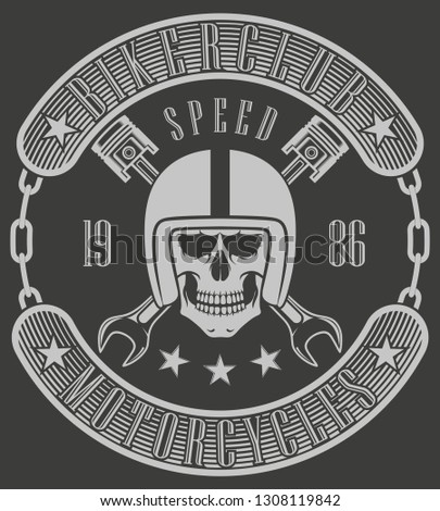 Biker emblem. Skull in helmet and pistons with keys with text.