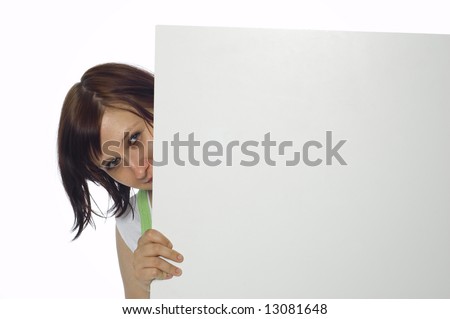 attractive woman with banner on white background