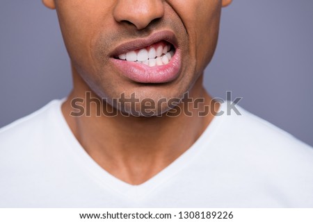 Close-up cropped portrait of his he nice handsome attractive well-groomed evil crazy guy wearing white shirt grinning teeth isolated over gray violet purple pastel background