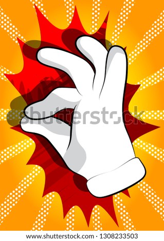 Vector cartoon hand showing ok sign. Illustrated hand sign on comic book background.