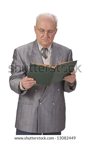 Image of a senior man reading a book against a white background.