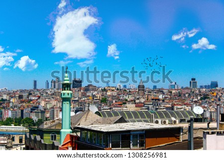 Colorful wide angle shot of istanbul city, including the famous Galata Tower