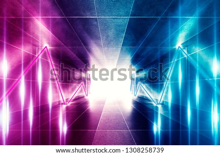 In the background - an empty tunnel, the room is lit by neon light. Concrete covering, tile. Multicolored smoke. Laser lines.